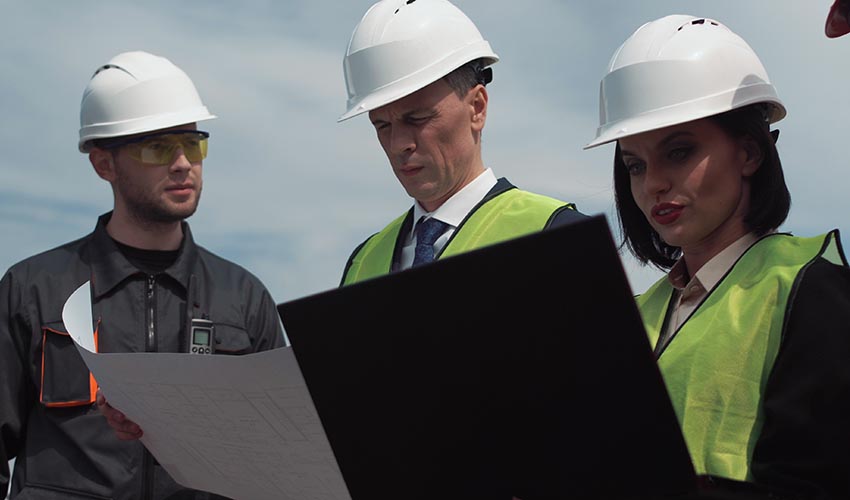 Two men and a women wearing hardhats reviewing blueprints.