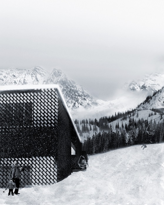 Rendering of exterior of a ski lodge design