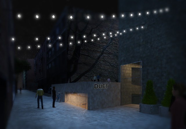 Rendering of exterior of theatre at night