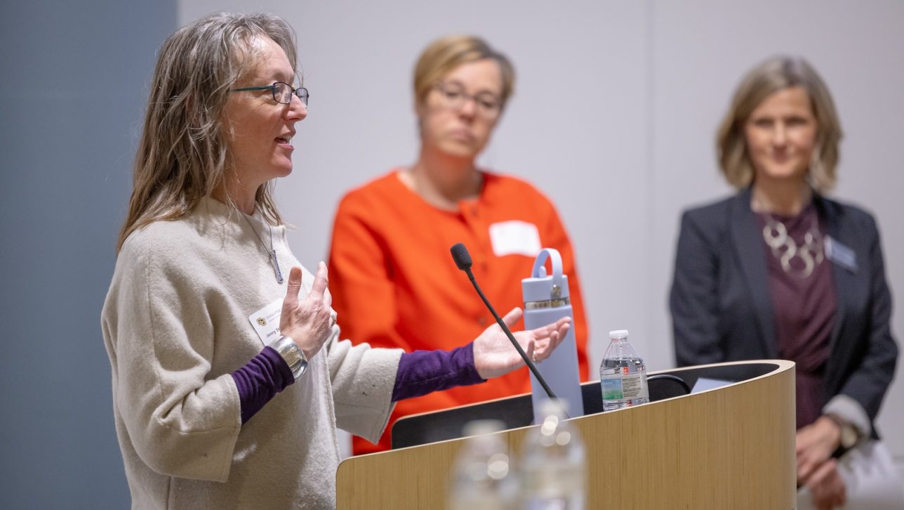 Jenny Steffel Johnson, certificate co-director, speaks at a School of Public Affairs event on affordable housing alongside certificate advisor Robin Kniech and certificate co-director Tanya Heikkila.