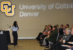 First-Friday-Breakfast-12-06-19 Dr. Sebawit Bishu relaying her research findings to the audience