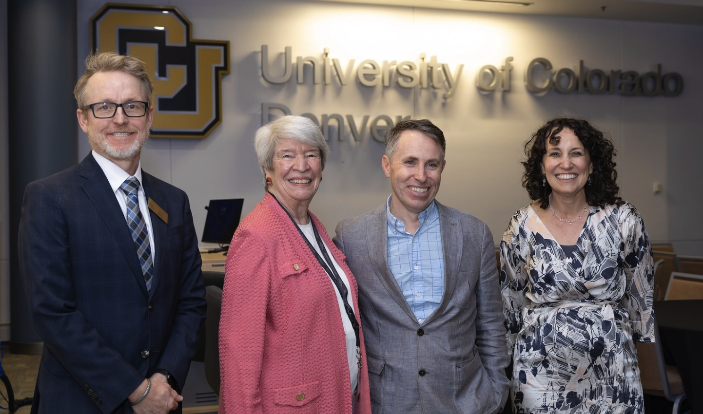 School of Public Affairs Interim Dean Christopher M. Weible, Mary E. Guy, Donald Moynihan, and Provost Karen Marrongelle at the 2026 Dr. Mary E. Guy Distinguished Lecture.